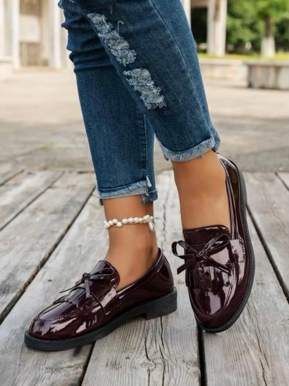 Patent Shine Tassel Loafers in Deep Burgundy